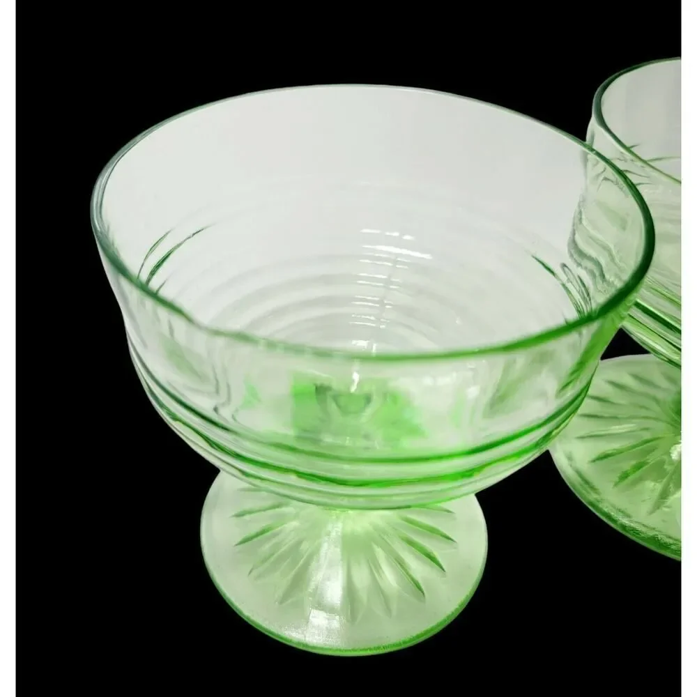 Vintage Green Vaseline Uranium Glass Sherbet Dessert Fruit Custard Cups Set of 5